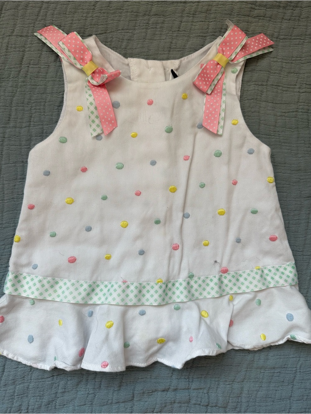 Rare Editions White baby Tank Top Pastel Polka Dots Pink Bow Straps size 12M